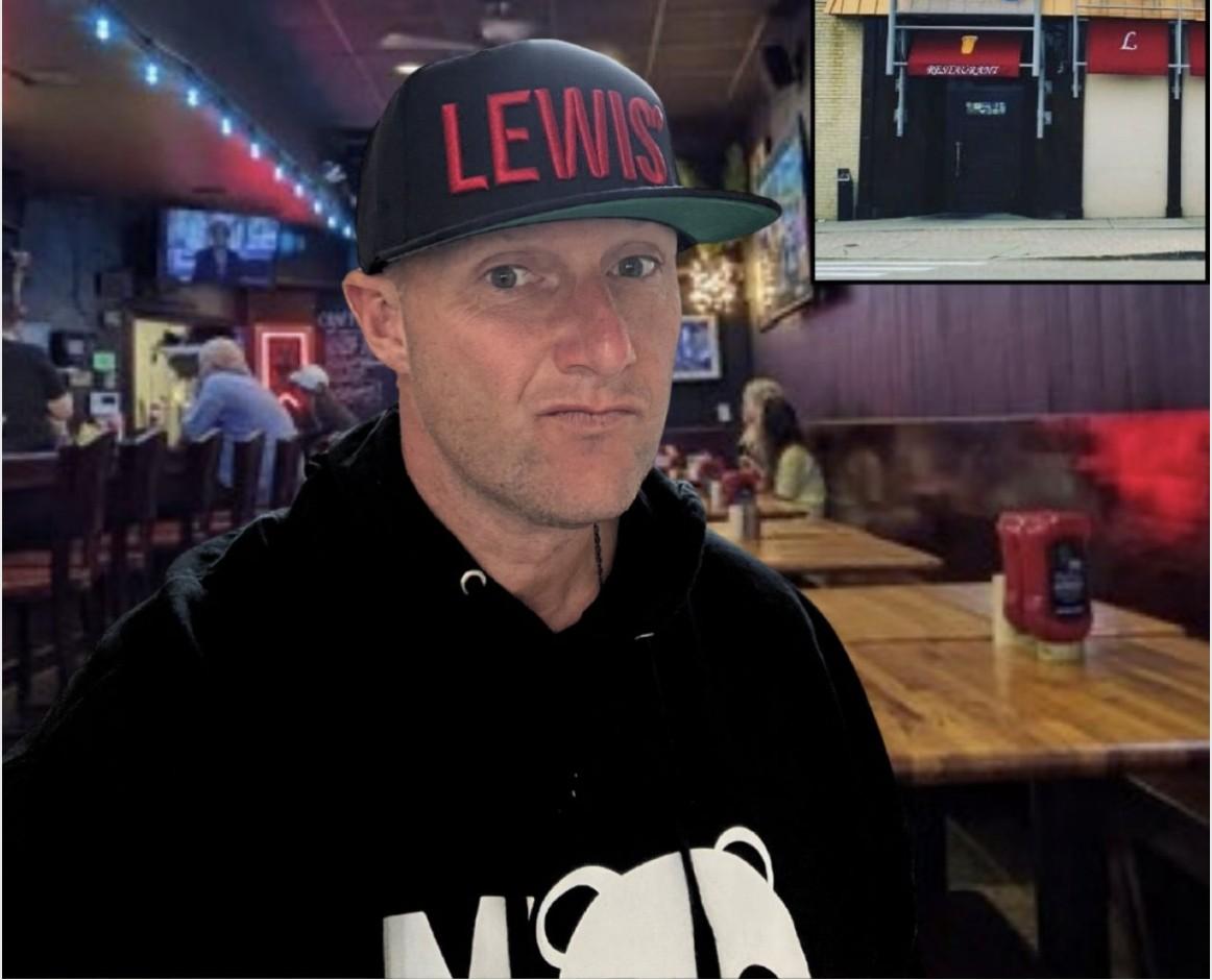 Wayne wearing a black 'Lewis' cap inside a restaurant, with an inset photo of the Lewis' restaurant storefront.