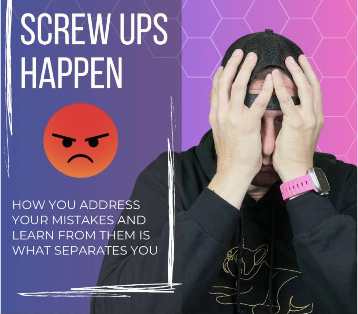 CUENTO Marketing meme graphic reading 'Screw Ups Happen' with Wayne holding his head in his hands, wearing a black cap and hoodie.