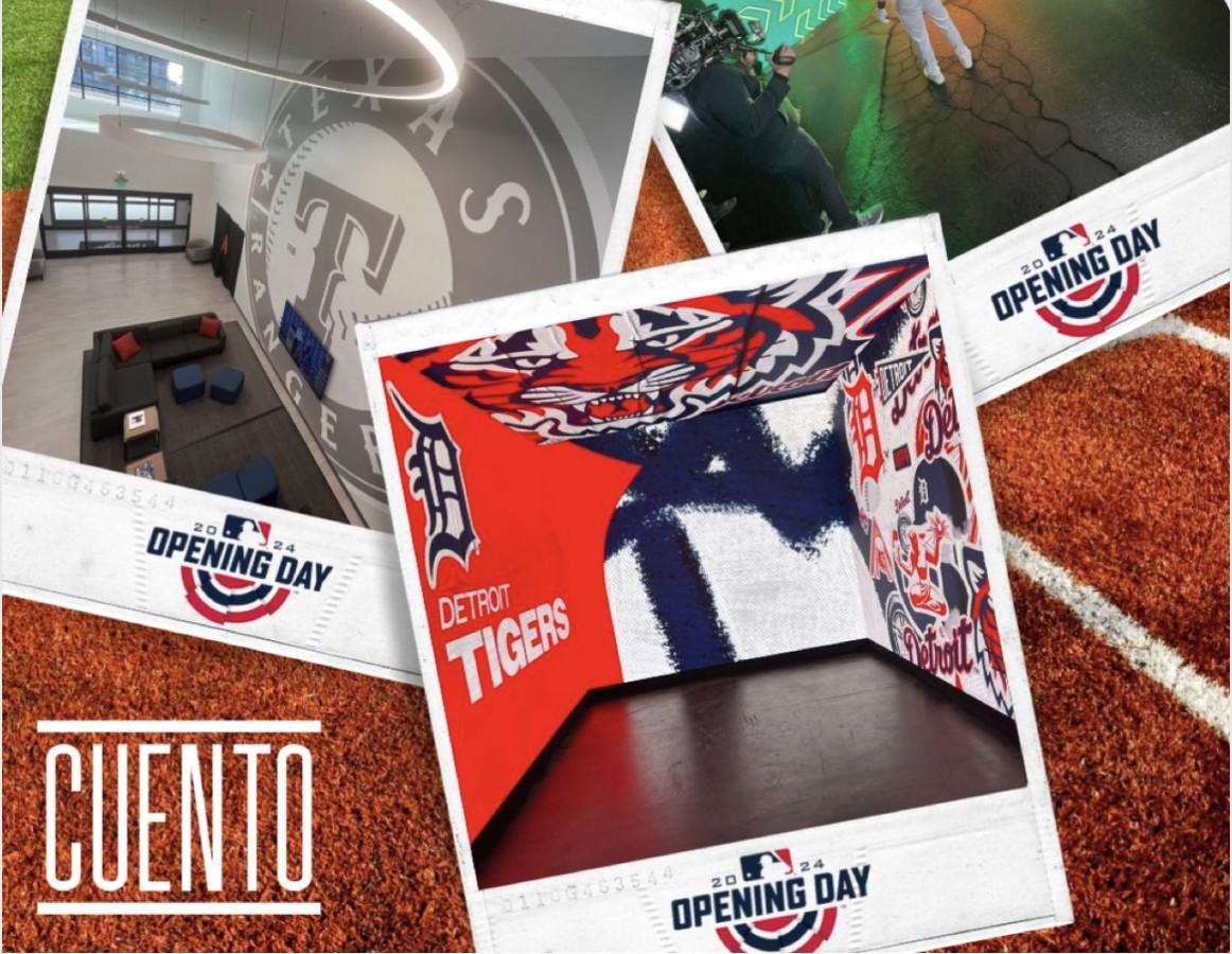 CUENTO-branded photo collage styled as scattered Polaroids: a Texas Rangers office interior, a videographer filming on a baseball field at night, and a Detroit Tigers dugout mural, each stamped with an MLB 2024 Opening Day logo.