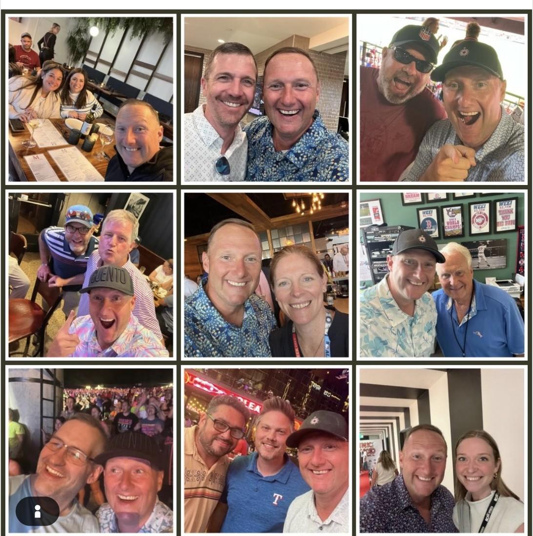 Nine-photo grid collage of Wayne with various friends and colleagues at restaurants, bars, a concert, and other outings.