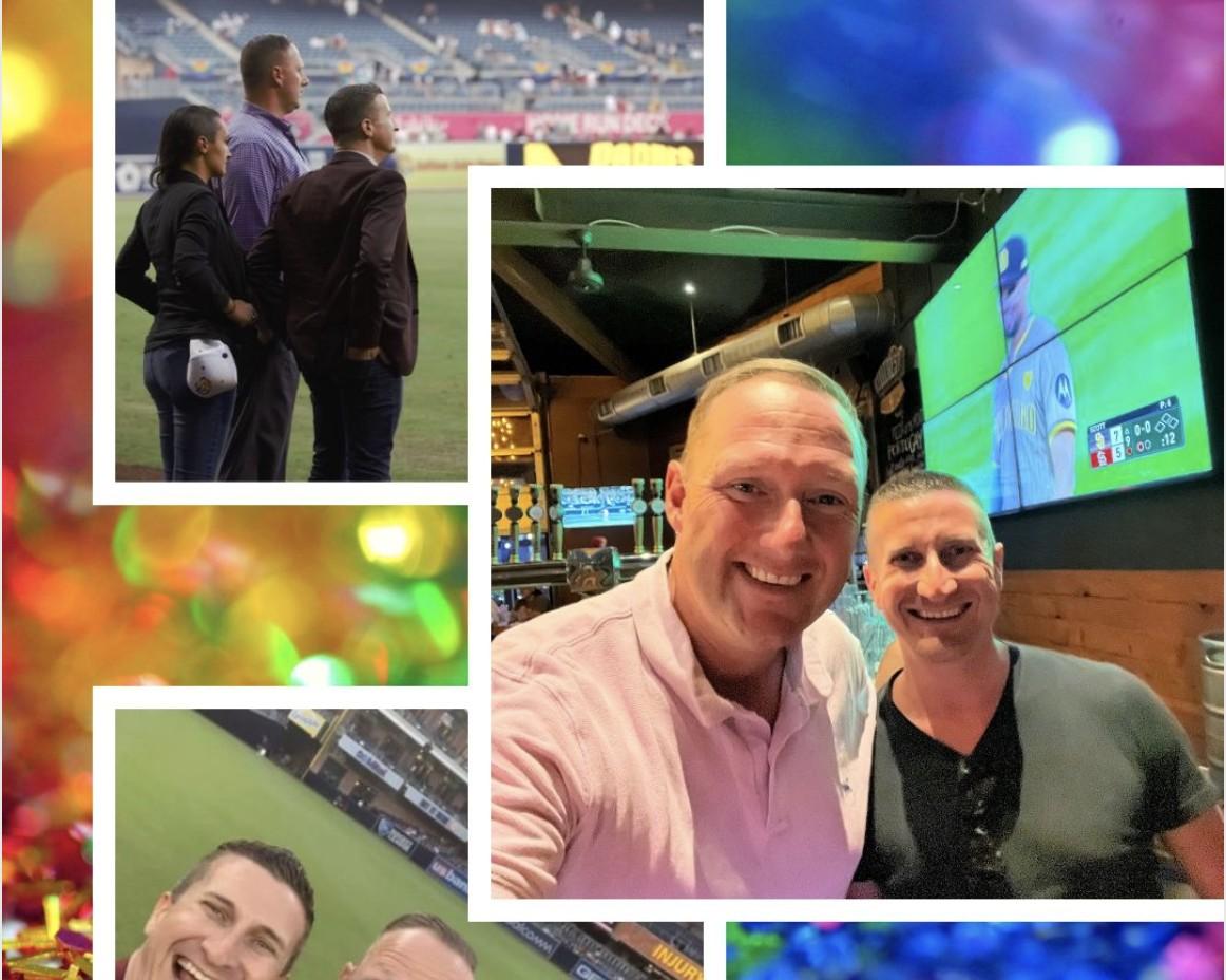 Decorative confetti-bordered photo collage: Wayne on a baseball field with colleagues, and Wayne smiling with a friend at a bar with a game on TV screens behind them.