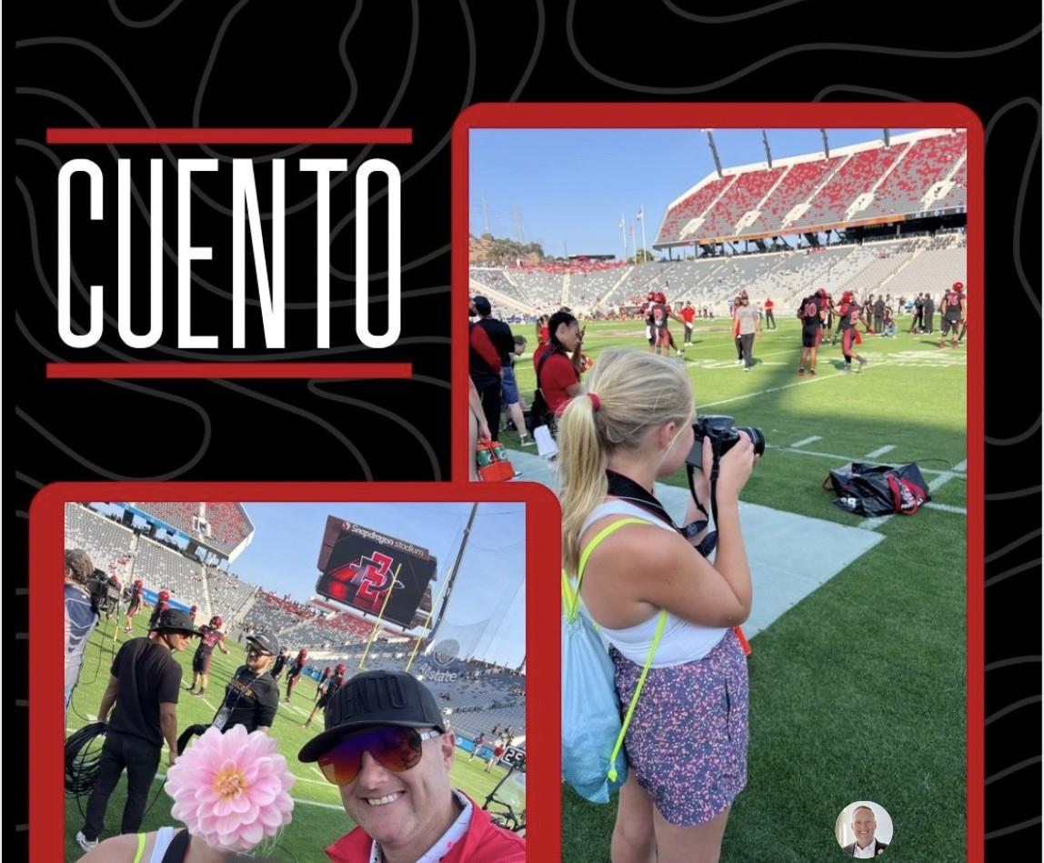 Two-photo collage on a CUENTO-branded background: a young woman with a camera photographing a San Diego State football practice from the sideline, and Wayne smiling on the field holding a pink flower and a camera bag.