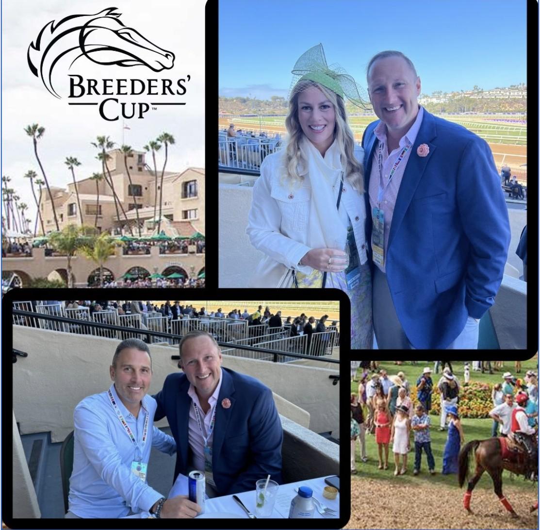 Four-panel photo collage from the Breeders' Cup at Del Mar: the Breeders' Cup logo over a view of the venue; Wayne and his wife smiling together at the racetrack in formal race-day attire; Wayne and a friend smiling together at a table; and a crowd with a horse and jockey on the track.