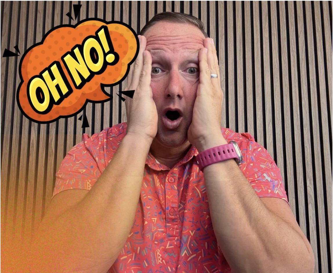 Wayne Partello with a shocked expression, hands on his face, next to a comic-style 'OH NO!' speech bubble, captioned 'We Got Served and It Cost Us a Lot of Money!'