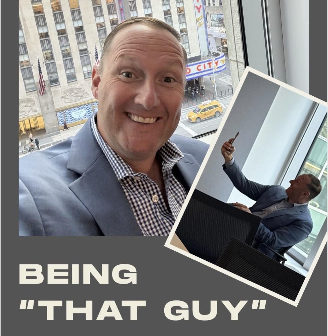 Wayne Partello candid selfie composited with an office photo, "Being 'That Guy'" text overlay