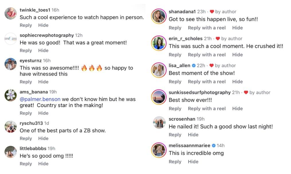Screenshot of Instagram comments reacting to the video of a fan pulled on stage during a Zach Bryan concert.